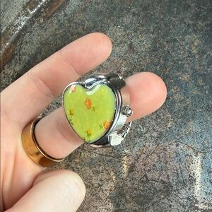 Heart-Shaped Silver and Green Locket Ring Decree Watch Ring